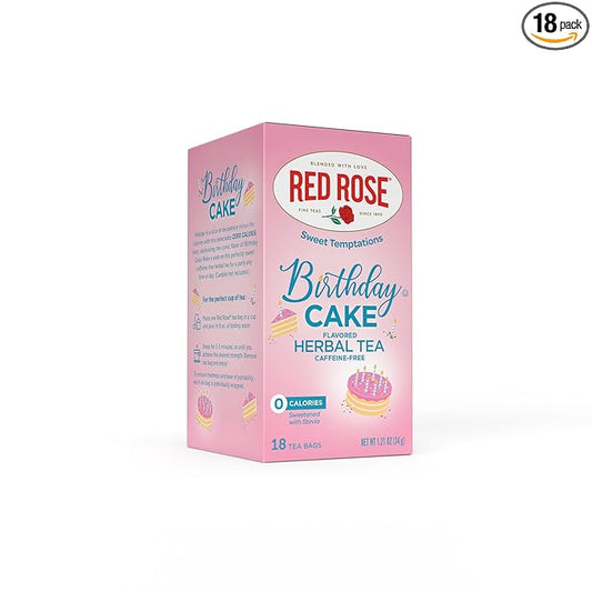 Red Rose Sweet Temptations Dessert Tea Birthday Cake, Zero Carbs, Zero Sugar Bursting with Flavor Caffeine-Free Delicious Beverage Herbal Tea, 18 Individually Wrapped Fruit Naturally Flavored Tea Bags