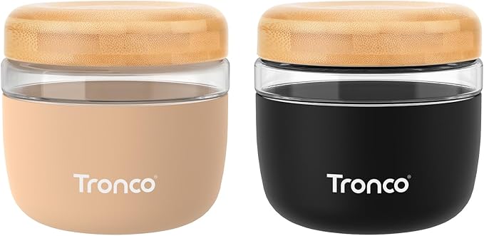 Tronco 24 oz Glass Container with Bamboo Lids, Food Storage Bowls for Soup, Stew & Overnight Oats, Meal Prep, Glass Lunch Bowl Container 100% Leak & Spill Proof, Airtight, BPA-Free- Ideal Gifts, 2Pack