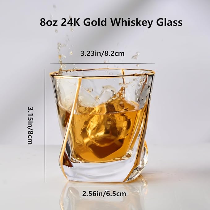 GLASKEY Crystal Whiskey Glasses Set of 2 with 24K Gold Rim,Bar Glasses,Twisted Whiskey Glass Gold Collection for Bourbon,Scotch and Wine,Rock Barware for Men Gift - 8oz