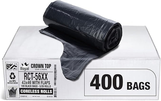 Aluf Plastics RCT-56XX Star Sealed Coreless Rolls with E-Z Tie Flap Closure, 56 gal, Polyethylene, 43" x 46", Black (Pack of 400)