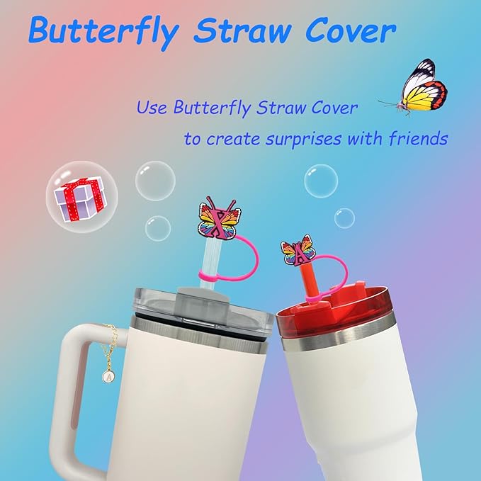 Butterfly Straw Cover for Stanley Cup 30&40 Oz 10mm Straw Topper with 2PCS Letter Charms (Letter I)