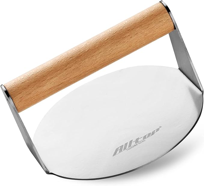 ALLTOP Smash Burger Press,Stainless Steel Non-Stick Hamburger Press Patty Maker for Flat Top Griddle,Grill,BBQ,Kitchen - Round Accessory (6.2” Wood Handle)
