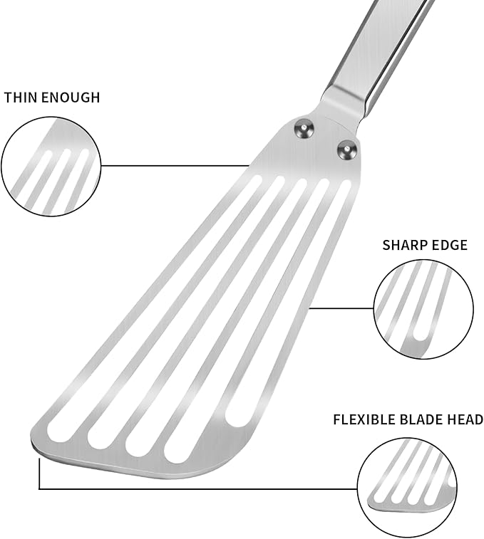 STANFORD Flexible Fish Spatula Stainless Steel -Slotted Thin Egg Flipper with Riveted Handle, Angled Blade & Hollow Grip, Metal Turner for Cooking Fish Egg Pancakes