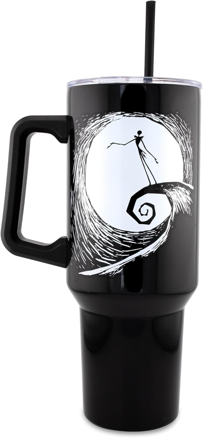Silver Buffalo Disney Nightmare Before Christmas by Tim Burton Jack Skellington Hill and Moon Drawing Stainless Steel Tumbler with Handle and Straw, Fits in Standard Cup Holder, 40 Ounces