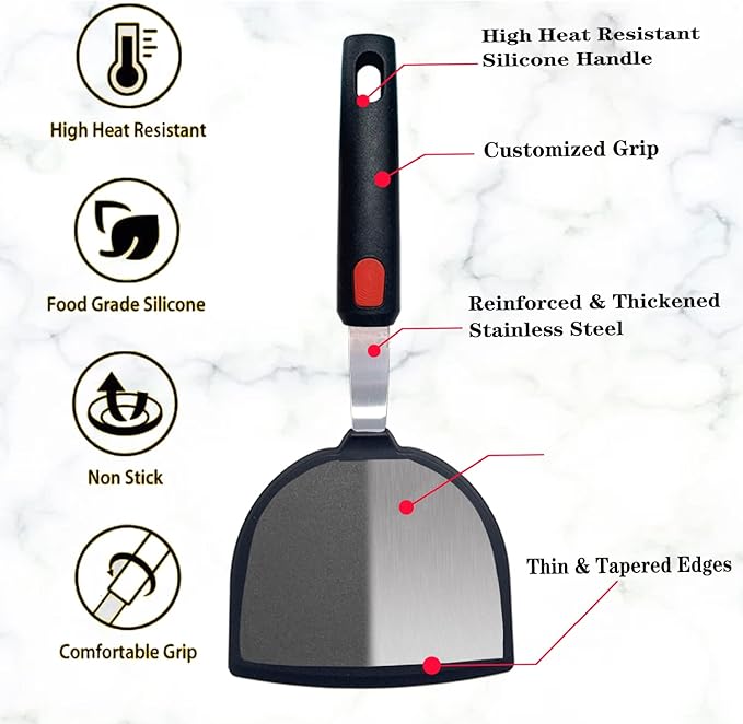 Silicone Spatula Set of 2 for Nonstick Cookware,Tenta Tenta Kitchen Slotted Angle Round Pancake Spatulas 600°F Heat Resistant Classic Rubber Spatula Set For Cooking-Grey/Black