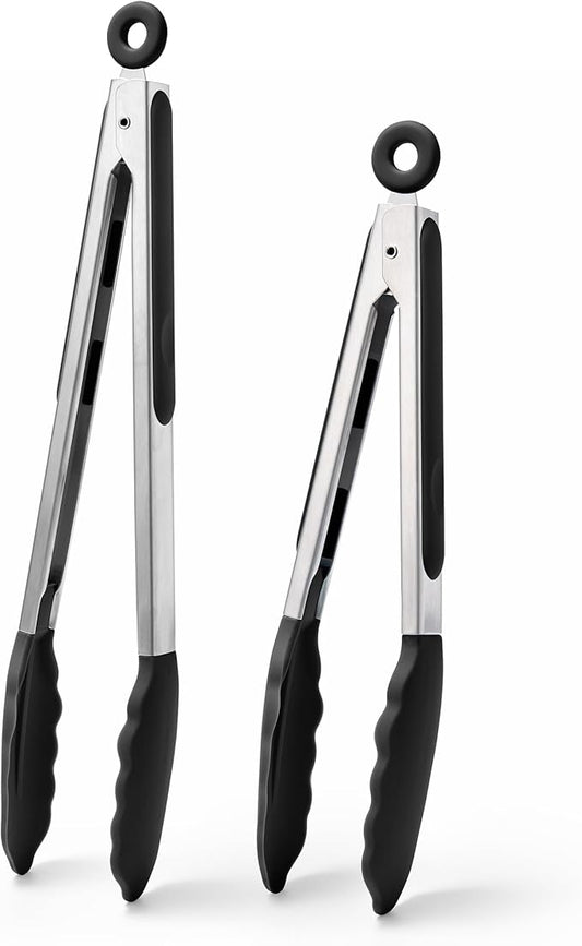 Doosu Kitchen Tongs for Cooking - 600°F Heat Resistant Food Tong Set with Non-Scratch Silicone Tips, Heavy Duty Stainless Steel Locking Tong for BBQ, Grilling Steak, Serving Salad (9+12in, Black)