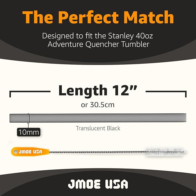 Jmoe USA 12" Replacement Straws for Stanley 40oz & 30oz Tumblers | Fits Reduce 50 oz & 40 oz Cold1 Tumblers | 6-Pack of Reusable Plastic Straws With Cleaning Brush | Food Grade & BPA Free (Black)