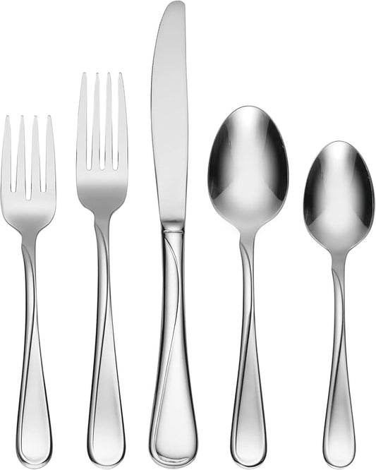Oneida Silverware Set For 4, Flight 20-Piece Everyday Flatware Set, Service For 4, 18/0 Stainless Steel, Swirl, Mirror Finish, Dishwasher Safe, Knives Spoons and Forks Set, Dining (Silver, 20 Pieces)