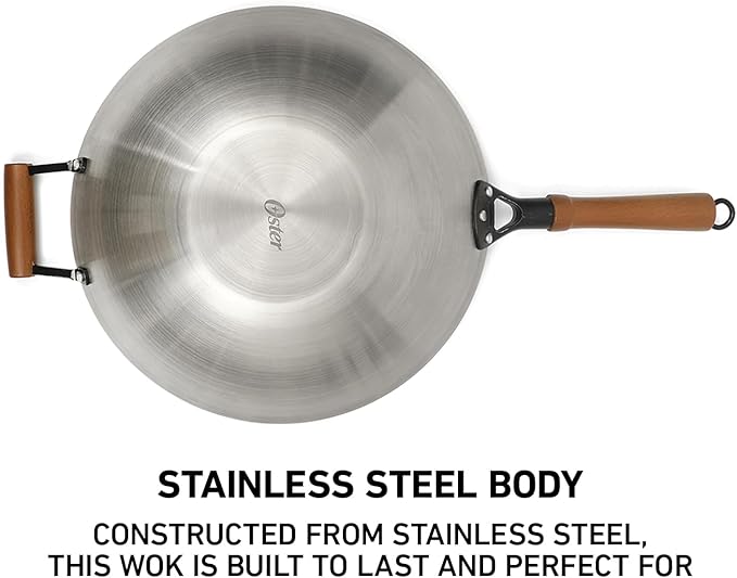 Oster Sangerfield 14-Inch Stainless Steel Wok With Wood Handles, Durable Non-Stick Stir Fry Pan for Gas and Electric Stovetops