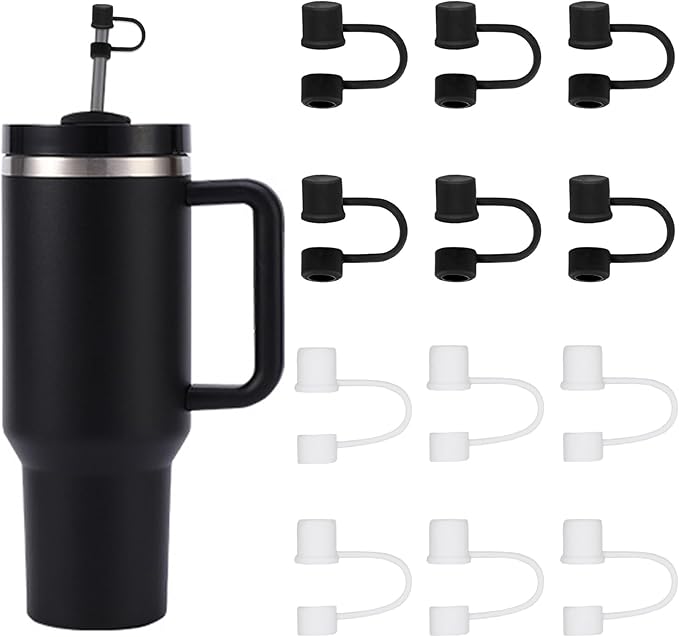 12PCS Silicone Straw Covers Cap Compatible with Stanley Cup 30-40 oz Tumbler with Handle 10mm Straw Toppers，Dust-Proof Reusable Straw Cover for Stanley Cup Accessories (Black+White)