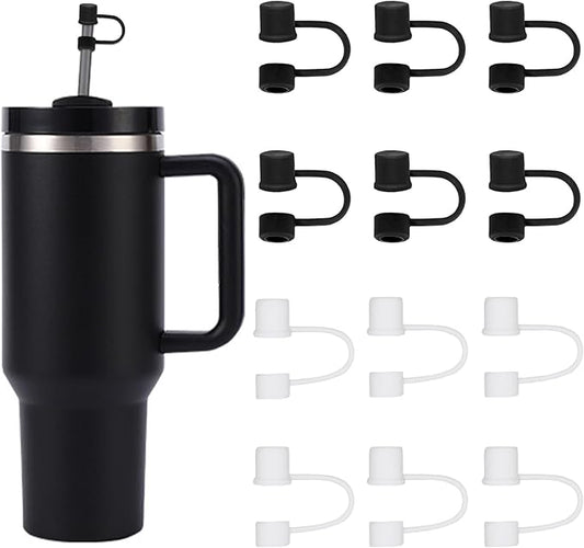 12PCS Silicone Straw Covers Cap Compatible with Stanley Cup 30-40 oz Tumbler with Handle 10mm Straw Toppers，Dust-Proof Reusable Straw Cover for Stanley Cup Accessories (Black+White)