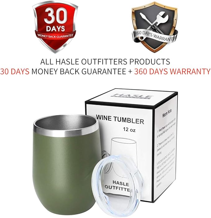 HASLE OUTFITTERS 12oz Wine Tumbler with Lid Stemless Wine Glasses Double Wall Vacuum Travel Mugs stainless steel Coffee Cup for Cold & Hot Drinks Wine Coffee Cocktails Beer 1 Pack Army Green