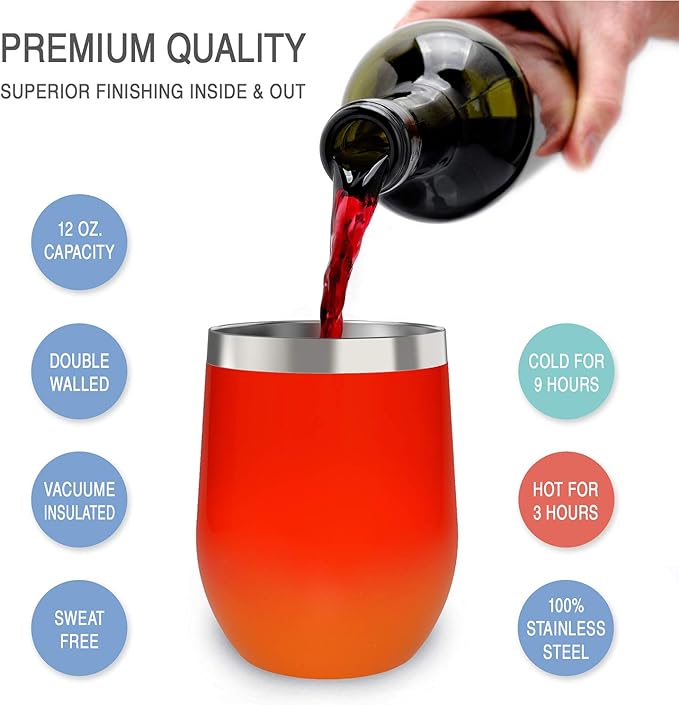 CHILLOUT LIFE 12 oz Stainless Steel Wine Tumbler with Lid - Double Wall Vacuum Insulated Wine Cup Glass Keeping Cold & Hot for Coffee, Champagne, Cocktails, Ice Cream - Red Fire