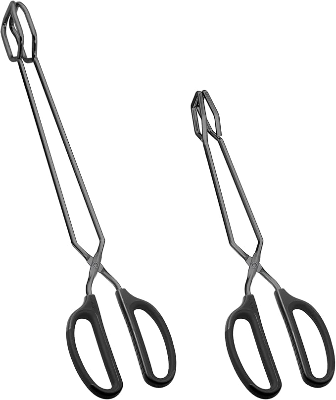 Stainless Steel Scissor Tongs 12" and 16" Set, Extra Long Metal Kitchen Tongs for Cooking, Grilling & Serving (Set of 2, Black)