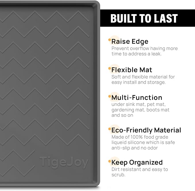 TigeJoy Under Sink Mats for Kitchen Waterproof, Leak-Proof Silicone Mat Sink Protector and Cabinet Liner, Kitchen Essentials Organizer and Storage 22" x 19" Light Grey