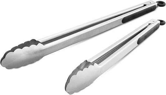 304 Stainless Steel Kitchen Cooking Tongs, 14" and 16" Set of 2 Sturdy Grilling Barbeque Brushed Locking Food Tongs with Ergonomic Grip, Black