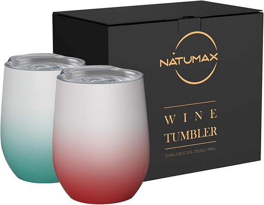 Insulated Wine Tumblers with Lid,12 oz Stainless Steel Stemless Wine Glasses Double Wall Vacuum Travel Tumbler Cup for Coffee, Drinks, Champagne, Beverage, Set of 2