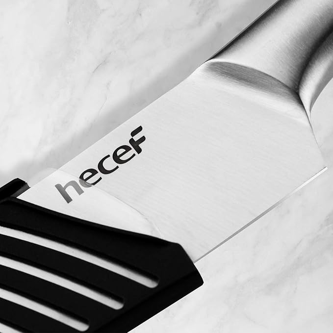 hecef Silver Kitchen knife set of 5, Satin Finish Blade with Hollow Handle, includes 8" Chef, 8" Bread, 8" Santoku, 5" Utility and 3.5" paring knife