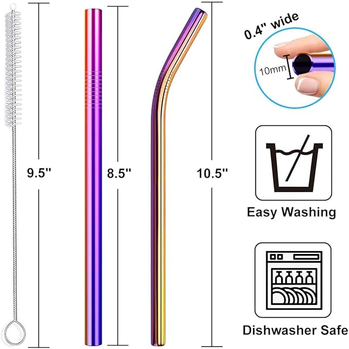 Vinaco Reusable Smoothie Straw, 0.4'' Extra Wide Stainless Steel Straw 10.5'' & 8.5'' Long colorful Straws, 6 Pack Metal Straw with 1 Reusable Straw Brush Cleaner for Milkshake, Smoothie, Bubble tea