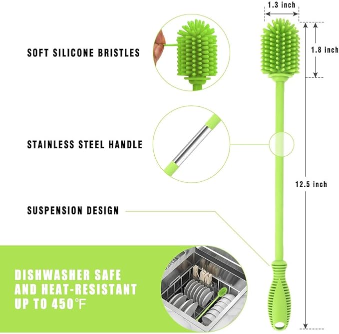 Silicone Bottle Cleaning Brush with Long Handle, 12.5" Water Bottle Cleaner for Baby Bottles, Hydro Flask, Sports Bottle, Vase, Glassware, Perfect for Smaller Diameter Bottle Openings (One Pack)