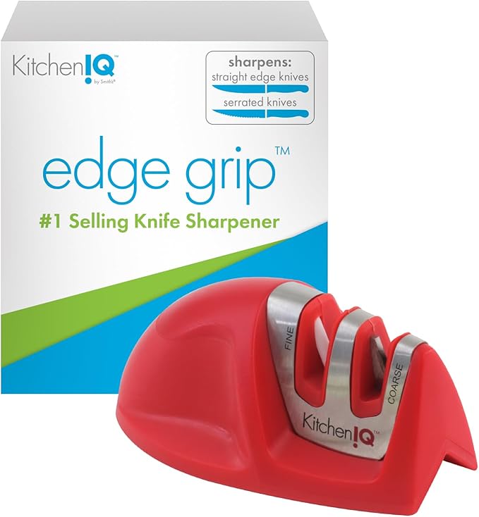 KitchenIQ 50883 - Edge Grip 2-Stage Knife Sharpener - Red - Coarse & Fine Sharpeners - Compact - Stable Non-Slip Base - Soft Grip Rubber Handle - Straight & Serrated Knives