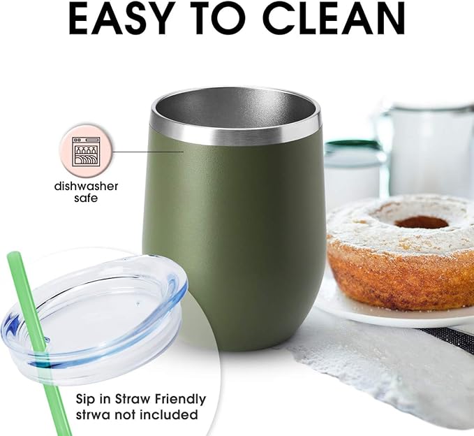 HASLE OUTFITTERS 12oz Wine Tumbler with Lid Stemless Wine Glasses Double Wall Vacuum Travel Mugs stainless steel Coffee Cup for Cold & Hot Drinks Wine Coffee Cocktails Beer 6 Pack Army Green