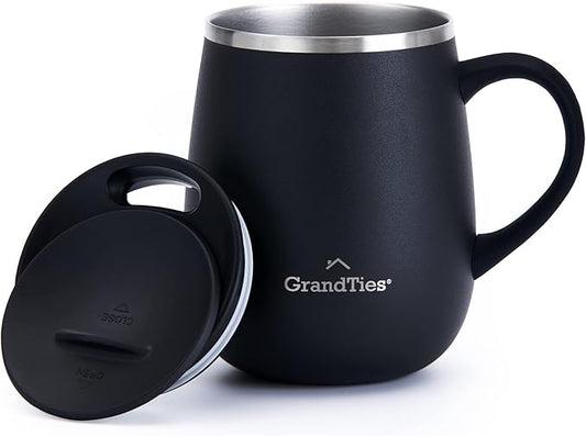 GRANDTIES Insulated Coffee Mug with Handle - Sliding Lid for Splash-Proof 16oz Wine-Glass Shape Thermal Tumbler with Double Walled Vacuum Stainless Steel to Keeps Beverages Hot or Cold-Black