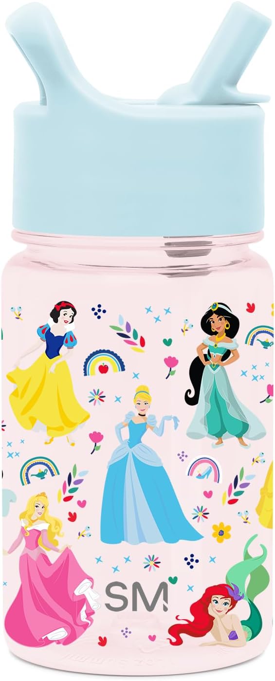 Simple Modern Disney Princess Kids Water Bottle Plastic BPA-Free Tritan Cup with Leak Proof Straw Lid | Reusable and Durable for Toddlers, Girls | Summit Collection | 12oz, Princess Rainbows