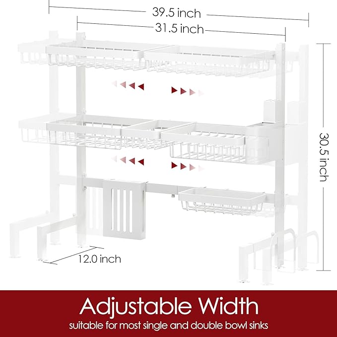 Over The Sink Dish Drying Rack - Adjustable 3 Tier XX-Large Capacity Stainless Steel Drainer with Cutlery & Utensil Holders, Kitchen Storage & Organization, 31.5"-39.5"L x 12"W x 30.5"H, White
