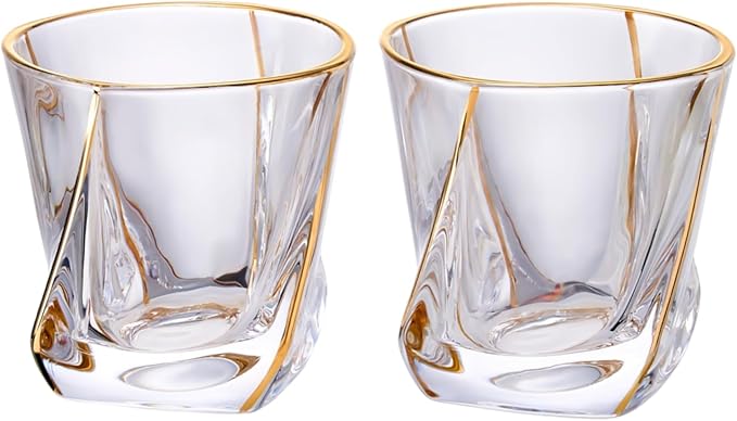 GLASKEY Crystal Whiskey Glasses Set of 2 with 24K Gold Rim,Bar Glasses,Twisted Whiskey Glass Gold Collection for Bourbon,Scotch and Wine,Rock Barware for Men Gift - 8oz