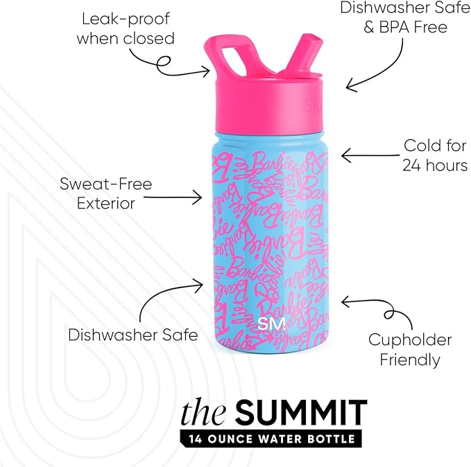Simple Modern Kids Summit Water Bottle with Straw Lid | Mattel Barbie 14oz Stainless Steel Cup Insulated Tumbler for Girls, School | Barbie Cursive