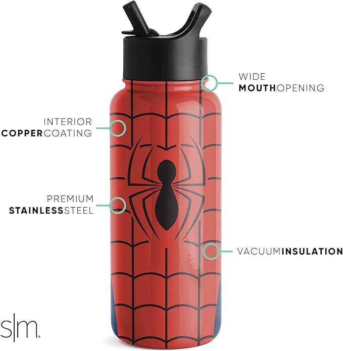 Simple Modern Spiderman Water Bottle with Straw Lid Vacuum Insulated Stainless Steel Metal Thermos | Marvel Gifts for Women Men Reusable Leak Proof Flask | Summit Collection | 32oz Spider Armor