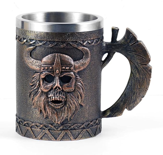 Arola Viking Axe Mug, Stainless Steel Horn Beer Cup, Viking Warrior Skull Cup Tankard, Drinking Cup Coffee Beer Steins,Medieval Skull Drinkware Mug for Coffee/Beverage/Juice17oz Gift for Men