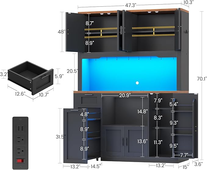 Itaar 71" Pantry Cabinet with Charging Station and LED Light, Kitchen Pantry Cabinet with Microwave Stand, 47.2" Wide Kitchen Storage Cabinets with Storage Cart 3 Tier for Dining Room, Black