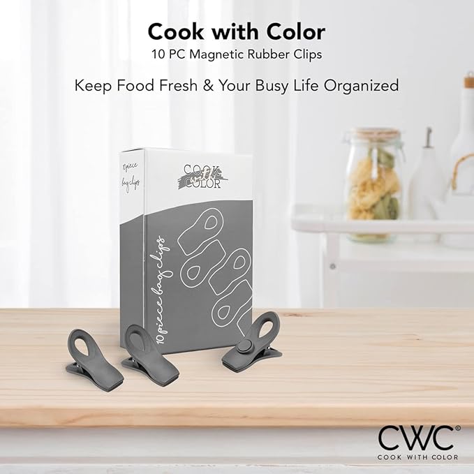 COOK WITH COLOR Bag Clips with Magnet- Food Clips, Chip Clips, Bag Clips for Food Storage with Airtight Seal Grip for Bread Bags, Snack Bags and Food Bags (Gray, Pack of 10)
