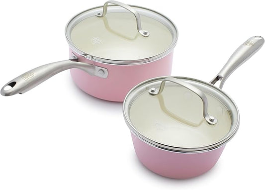 GreenLife Artisan Healthy Ceramic Nonstick, 1QT and 2QT Saucepan Pot Set with Lids, Stainless Steel Handle, PFAS-Free, Dishwasher Safe, Oven Safe, Soft Pink