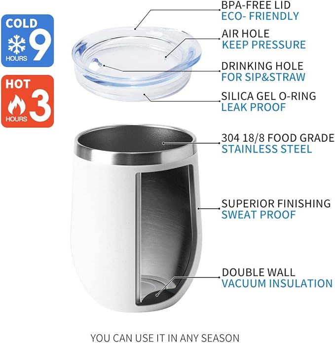 HASLE OUTFITTERS 12oz Wine Tumbler with Lid Stemless Wine Glasses Double Wall Vacuum Travel Mugs stainless steel Coffee Cup for Cold & Hot Drinks Wine Coffee Cocktails Beer (12oz-White, 1 Pack)