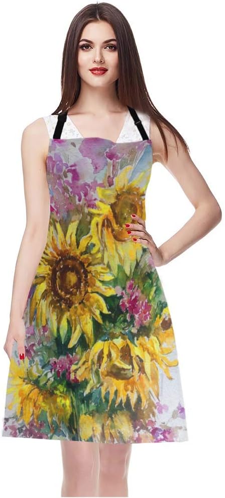 EKOBLA Sunflowers Aprons Abstract Bright Colored Floral Handmade Romantic Bouquet Nature Waterproof Resistant Chef Cooking Kitchen BBQ Adjustable Aprons for Women Men 27x31 Inch