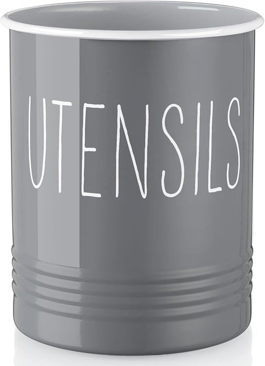 Bivvclaz Gray Kitchen Utensil Holder, 6.7" Utensil Holder for Counter, Cooking Utensil Crock with Cork Bottom, Modern Farmhouse Kitchen Decor, Countertop Utensil Storage Organizer Caddy