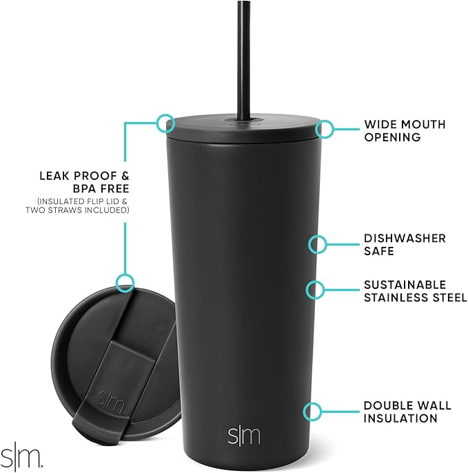 Simple Modern Insulated Tumbler with Lid and Straw | Iced Coffee Cup Reusable Stainless Steel Water Bottle Travel Mug | Gifts for Women Men Her Him | Classic Collection | 20oz | Midnight Black