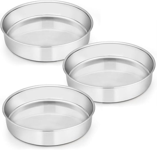 E-far 9½ Inch Cake Pan Set of 3, Stainless Steel Round Cake Baking Pans, Non-Toxic & Healthy, Mirror Finish & Dishwasher Safe