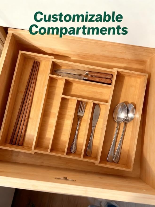 QUEENKAY Bamboo Expandable Drawer Organizer for Utensils Holder, Wood Drawer Dividers for Silverware, Flatware, Knives in Kitchen, Bedroom, Living Room