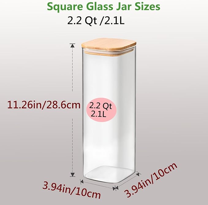 2.2 Qt Square Glass Storage Containers with Lids, Clear Food Storage Container Jar with Sealing Bamboo Lid Storage Containers for Pasta, Oats, Coffee, Flour, Sugar (Square -3Pack)