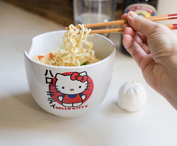 Silver Buffalo Sanrio Hello Kitty Japanese Ceramic Ramen Noodle Rice Bowl with Chopsticks, Microwave Safe, 20 Ounces