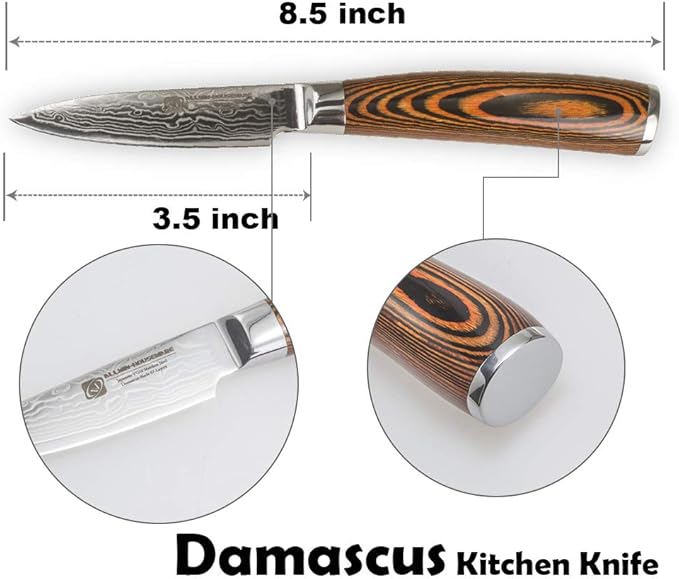 Damascus Paring Knife 3.5" - Professional 67-Layer VG10 Steel, Ultra Sharp 12° Edge Kitchen Utility Knife with Pakkawood Handle & Gift Box for Peeling, Slicing, Garnishing, Fruit Vegetable Prep