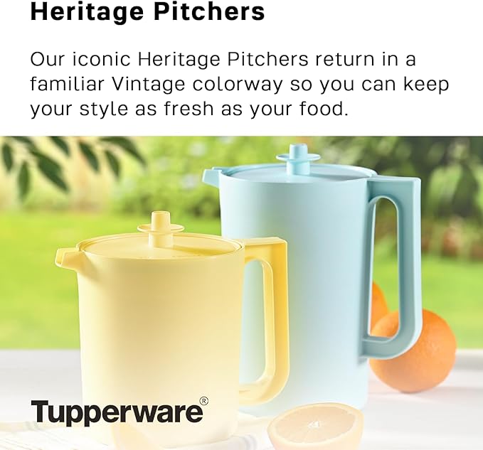 Tupperware Heritage Pitcher Set in Vintage Blue and Yellow Colors, Dishwasher Safe and BPA Free (Set of 2, 1.5 Qt./2 Qt.)