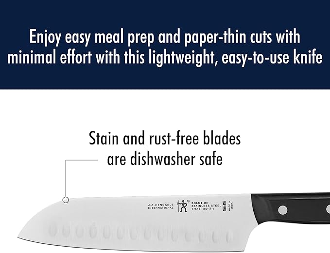 HENCKELS Solution Razor-Sharp Hollow Edge Santoku Knife 7 inch, German Engineered Informed by 100+ Years of Mastery, Black/Stainless Steel