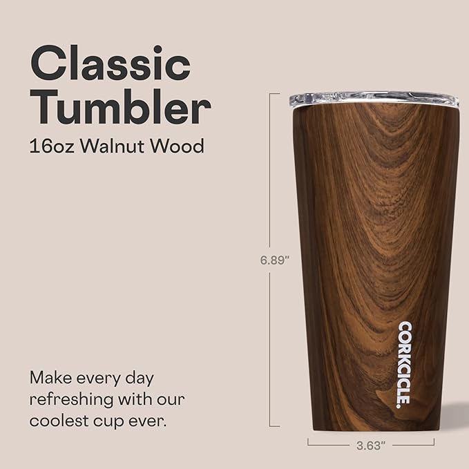 Corkcicle Classic Tumbler - Keeps Drinks Cold for 9 Hours & Hot for 3 - Triple-Insulated Stainless Steel - Holiday Tumbler Gift - 16 oz - Walnut Wood