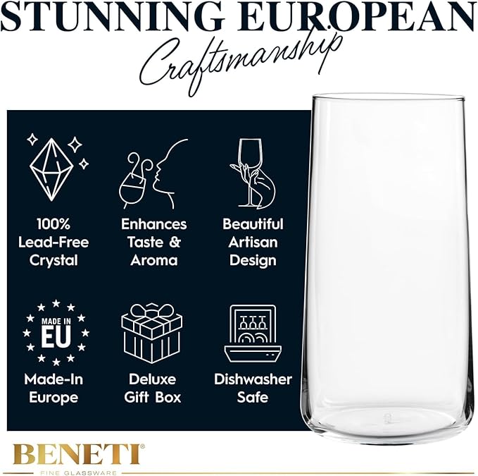 BENETI Modern Tall Drinking Glasses Set of 6 | Handmade In Europe | 18oz Premium Highball Crystal Glass Cups for Water and Juice