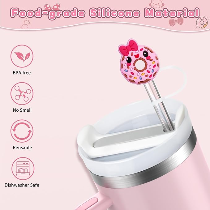 6PCS Straw Covers for Stanley Cup Tumbler 30 oz / 40 oz Leak Proof Straw Toppers 10mm Silicone Cute Caps for Stanley Cup Accessories-Donut